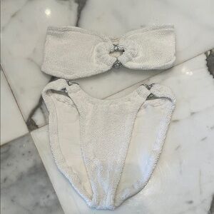 Hunza G White Textured Two-Piece Bikini Set with heart detail